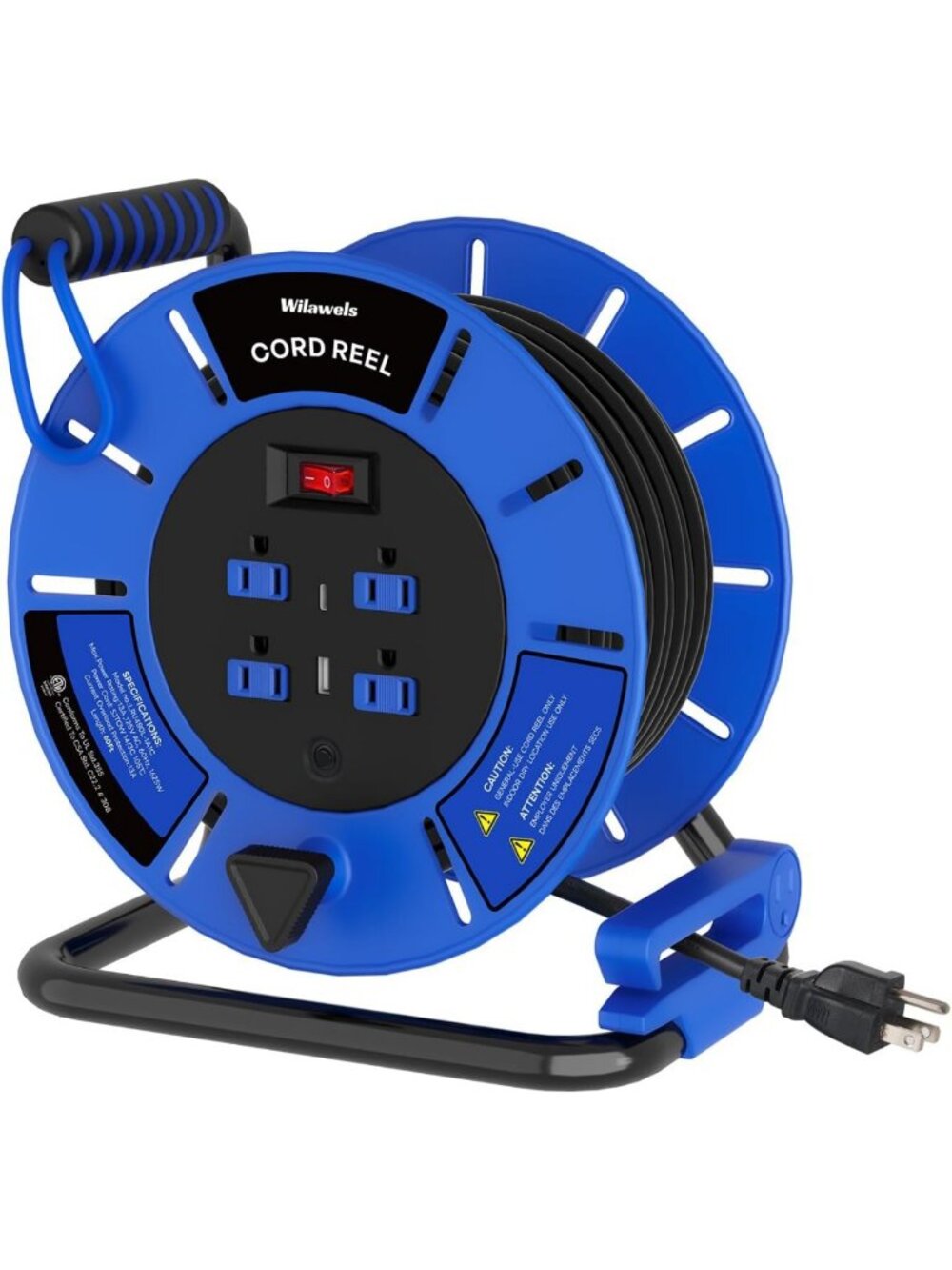 60FT Heavy Duty Retractable Extension Cord Reel, 4 Outlets, USB Ports